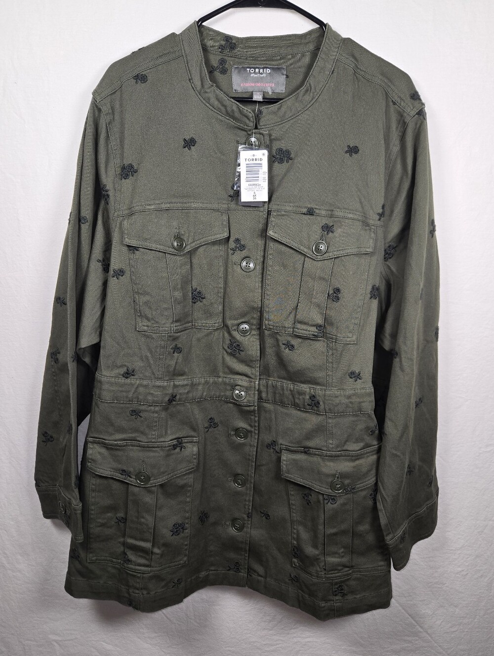 NWT Torrid Olive Fitted Military Embroidered Tawny Daisies Floral Cotton Jacket - Picture 3 of 13